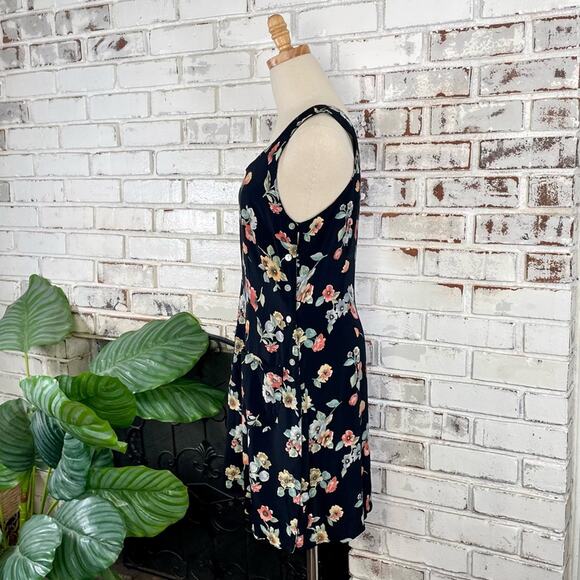 Vintage 90s Express Floral Black Yellow Pink Sleeveless Scoop Neck Mini Dress - Picture 2 of 8